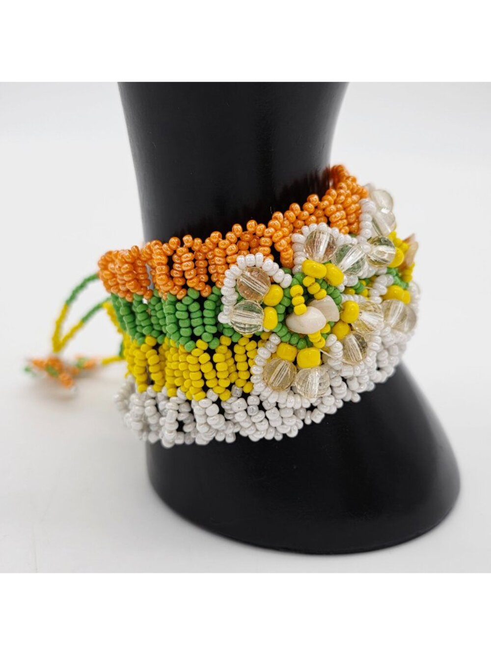 Beaded Floral Cuff Bracelet Yellow Green Peach Handmade Adjustable Tie Closure